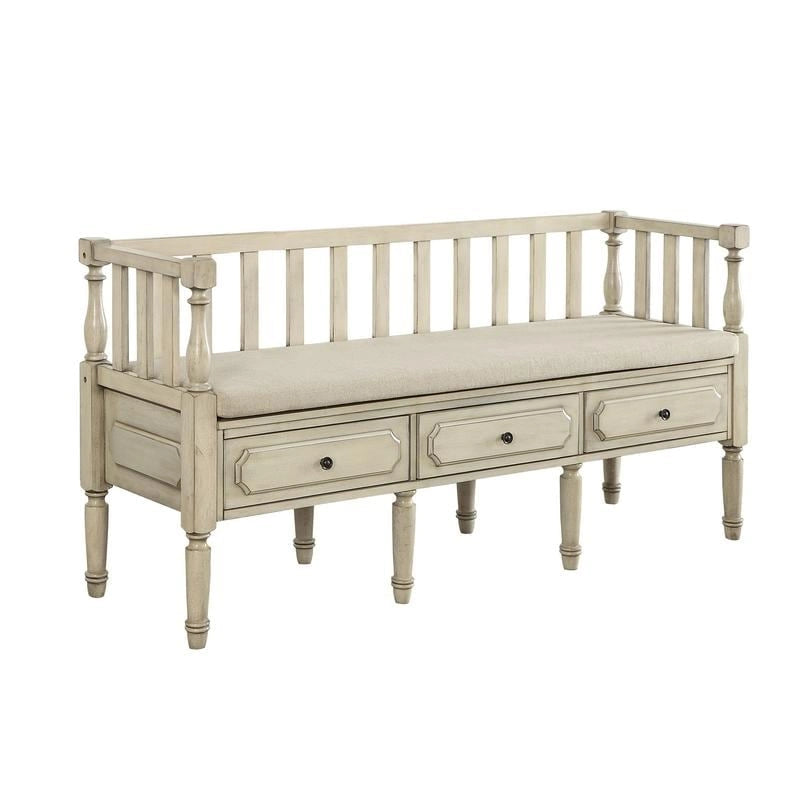 Banc de rangement 3 tiroirs rembourré en tissu style Ferme Noyer / Naturel / Blanc — 1 place