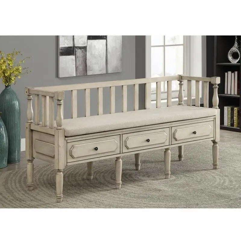 Banc de rangement 3 tiroirs rembourré en tissu style Ferme Noyer / Naturel / Blanc — 1 place