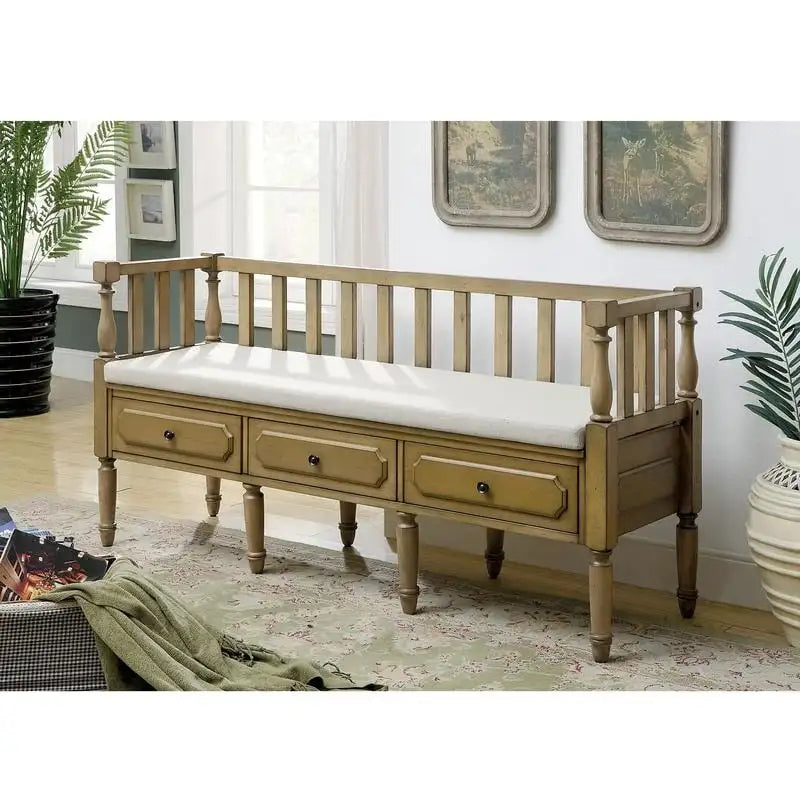 Banc de rangement 3 tiroirs rembourré en tissu style Ferme Noyer / Naturel / Blanc — 1 place