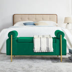 Banc de rangement 2 places en velours vert / beige / blanc avec pieds dorés