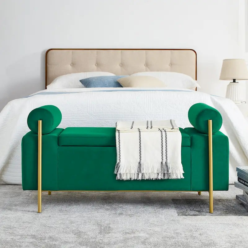 Banc de rangement 2 places en velours vert / beige / blanc avec pieds dorés
