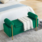 Banc de rangement 2 places en velours vert / beige / blanc avec pieds dorés