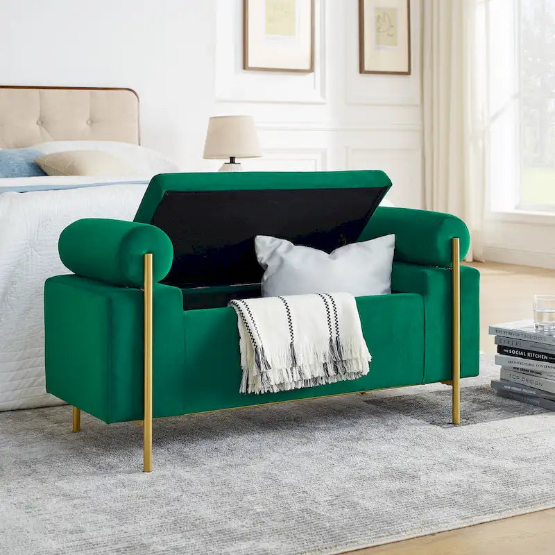 Banc de rangement 2 places en velours vert / beige / blanc avec pieds dorés
