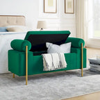 Banc de rangement 2 places en velours vert / beige / blanc avec pieds dorés