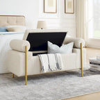Banc de rangement 2 places en velours vert / beige / blanc avec pieds dorés