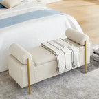 Banc de rangement 2 places en velours vert / beige / blanc avec pieds dorés