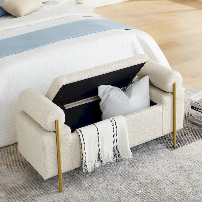 Banc de rangement 2 places en velours vert / beige / blanc avec pieds dorés