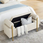 Banc de rangement 2 places en velours vert / beige / blanc avec pieds dorés