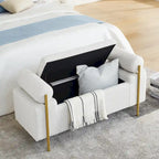 Banc de rangement 2 places en velours vert / beige / blanc avec pieds dorés
