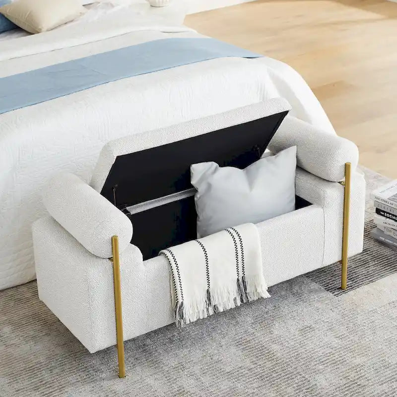 Banc de rangement 2 places en velours vert / beige / blanc avec pieds dorés