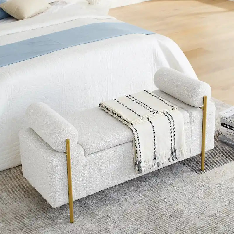 Banc de rangement 2 places en velours vert / beige / blanc avec pieds dorés