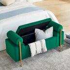 Banc de rangement 2 places en velours vert / beige / blanc avec pieds dorés