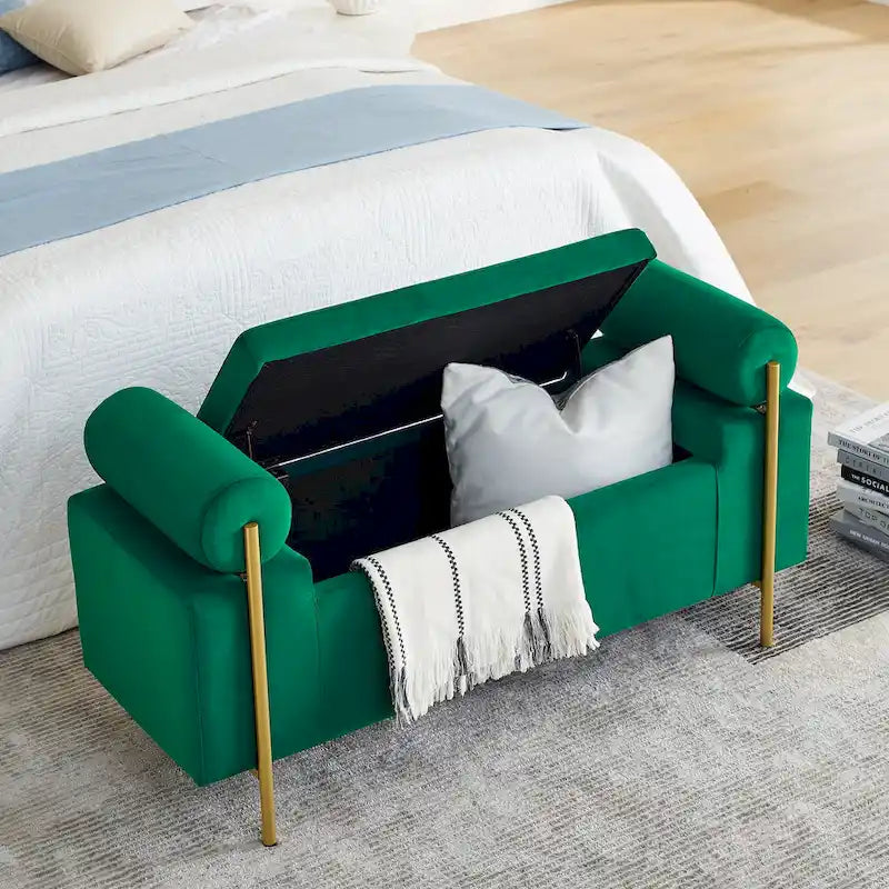 Banc de rangement 2 places en velours vert / beige / blanc avec pieds dorés