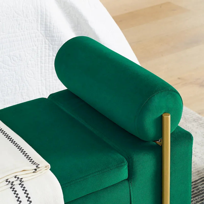 Banc de rangement 2 places en velours vert / beige / blanc avec pieds dorés