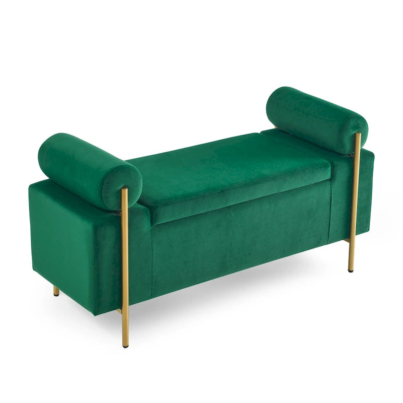 Banc de rangement 2 places en velours vert / beige / blanc avec pieds dorés