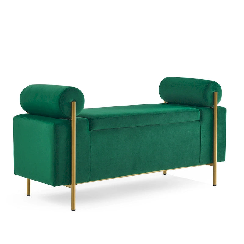 Banc de rangement 2 places en velours vert / beige / blanc avec pieds dorés