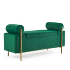 Banc de rangement 2 places en velours vert / beige / blanc avec pieds dorés