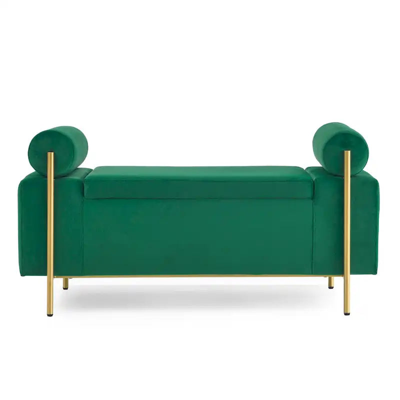 Banc de rangement 2 places en velours vert / beige / blanc avec pieds dorés