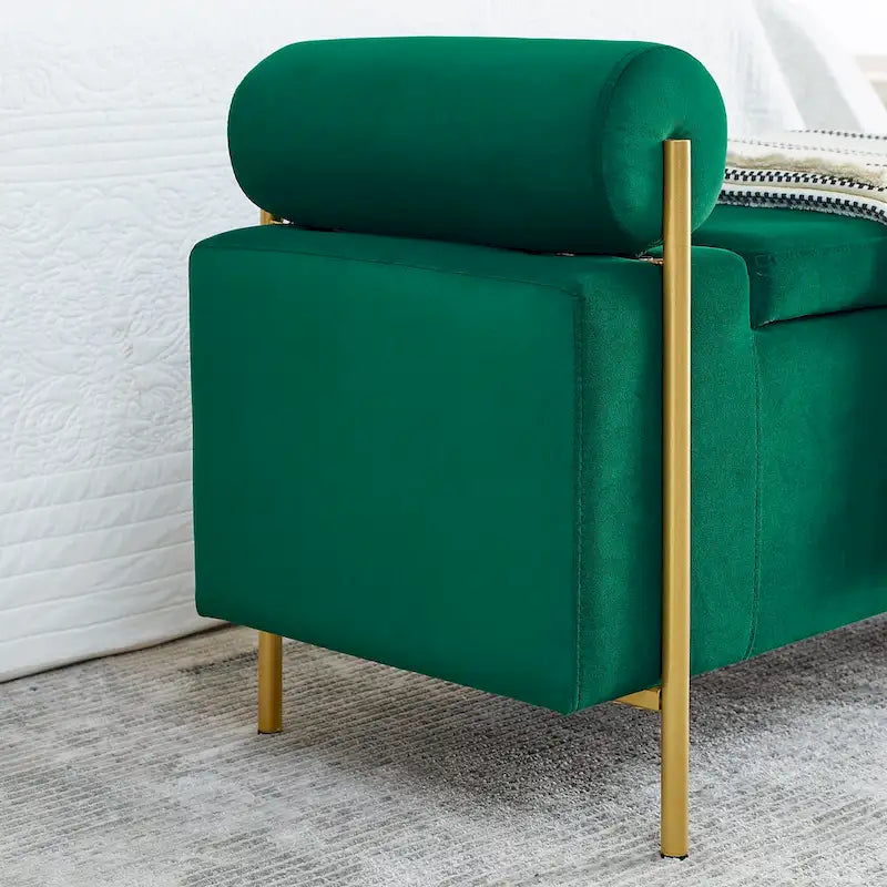 Banc de rangement 2 places en velours vert / beige / blanc avec pieds dorés
