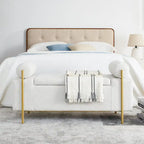Banc de rangement 2 places en velours vert / beige / blanc avec pieds dorés