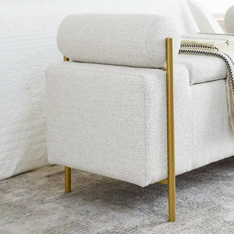 Banc de rangement 2 places en velours vert / beige / blanc avec pieds dorés