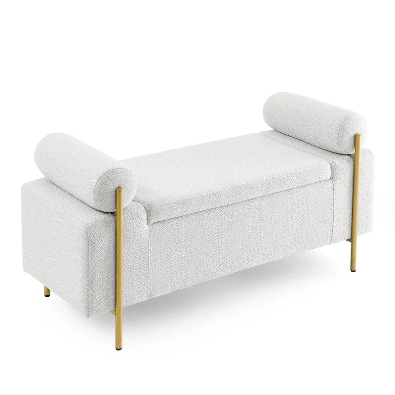 Banc de rangement 2 places en velours vert / beige / blanc avec pieds dorés