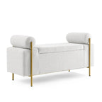 Banc de rangement 2 places en velours vert / beige / blanc avec pieds dorés