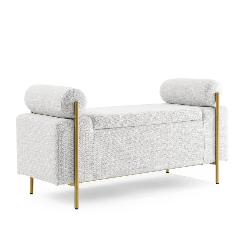 Banc de rangement 2 places en velours vert / beige / blanc avec pieds dorés