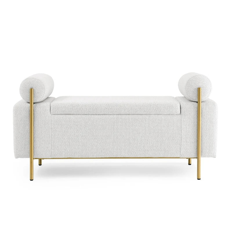 Banc de rangement 2 places en velours vert / beige / blanc avec pieds dorés