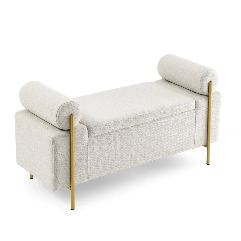 Banc de rangement 2 places en velours vert / beige / blanc avec pieds dorés
