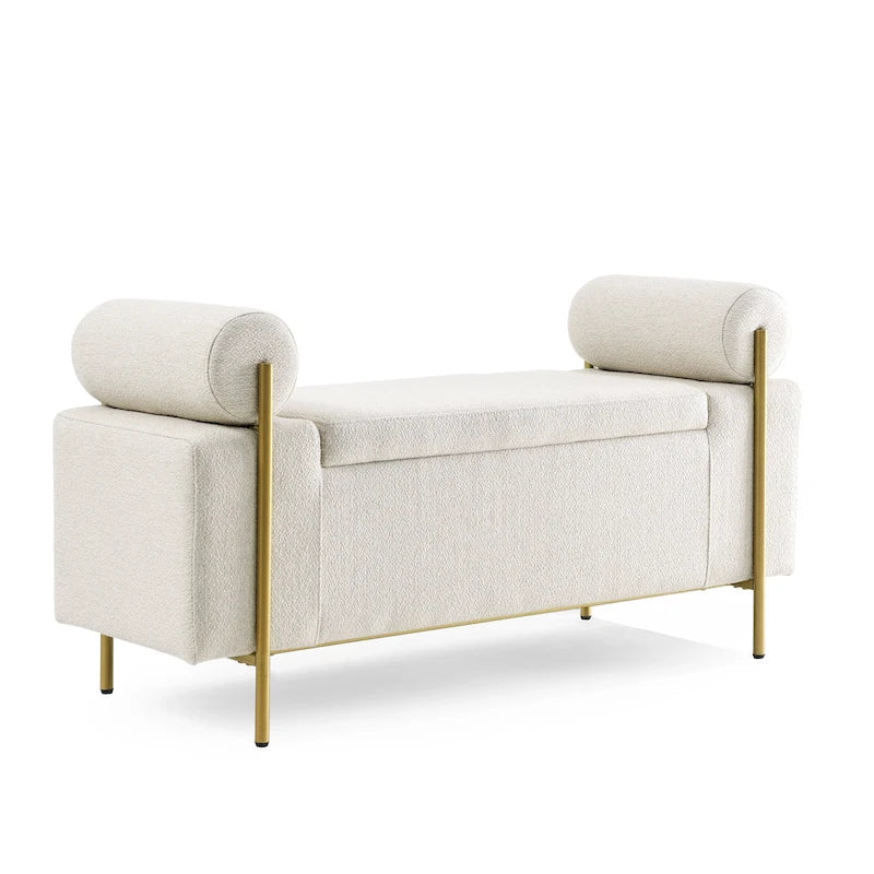 Banc de rangement 2 places en velours vert / beige / blanc avec pieds dorés