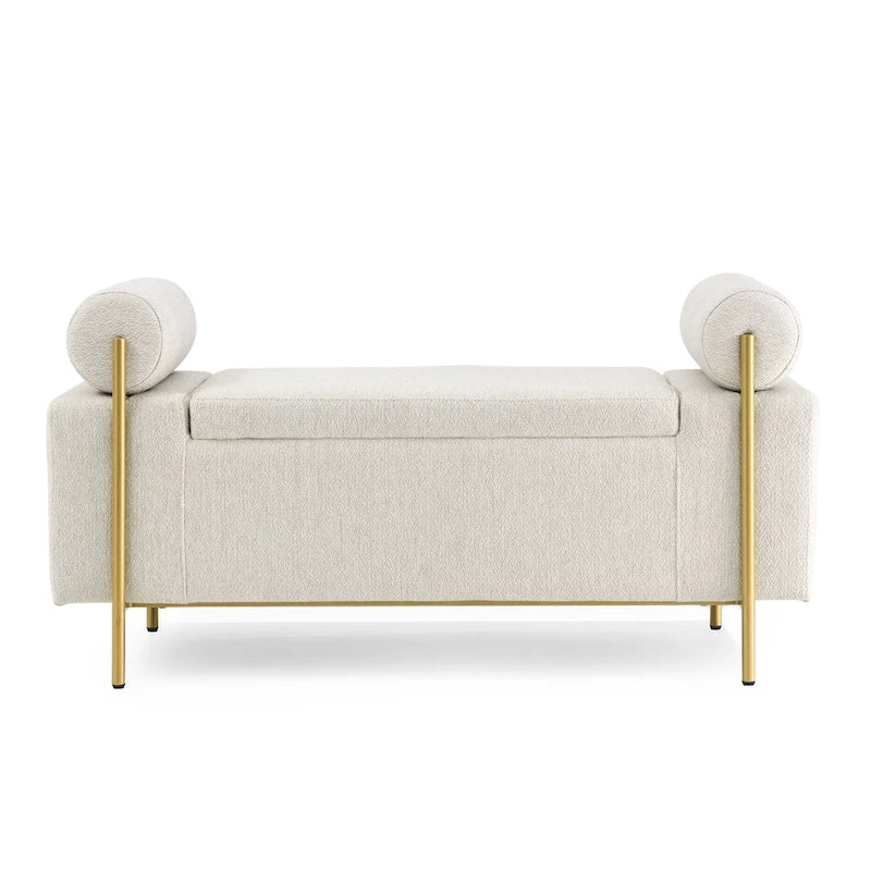 Banc de rangement 2 places en velours vert / beige / blanc avec pieds dorés