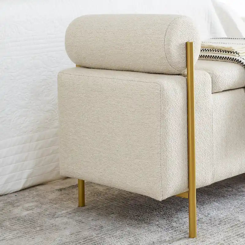 Banc de rangement 2 places en velours vert / beige / blanc avec pieds dorés