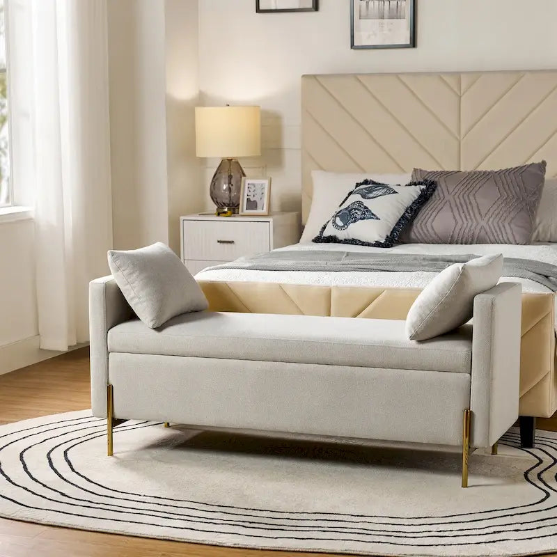 Banc de rangement capitonné rabattable en velours gris / moutarde / bleu marine / ivoire / noir avec accoudoirs et coussins, 1 personne