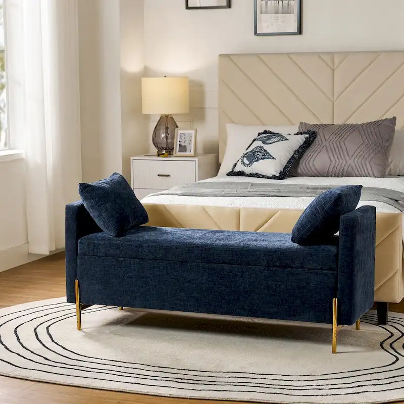 Banc de rangement capitonné rabattable en velours gris / moutarde / bleu marine / ivoire / noir avec accoudoirs et coussins, 1 personne