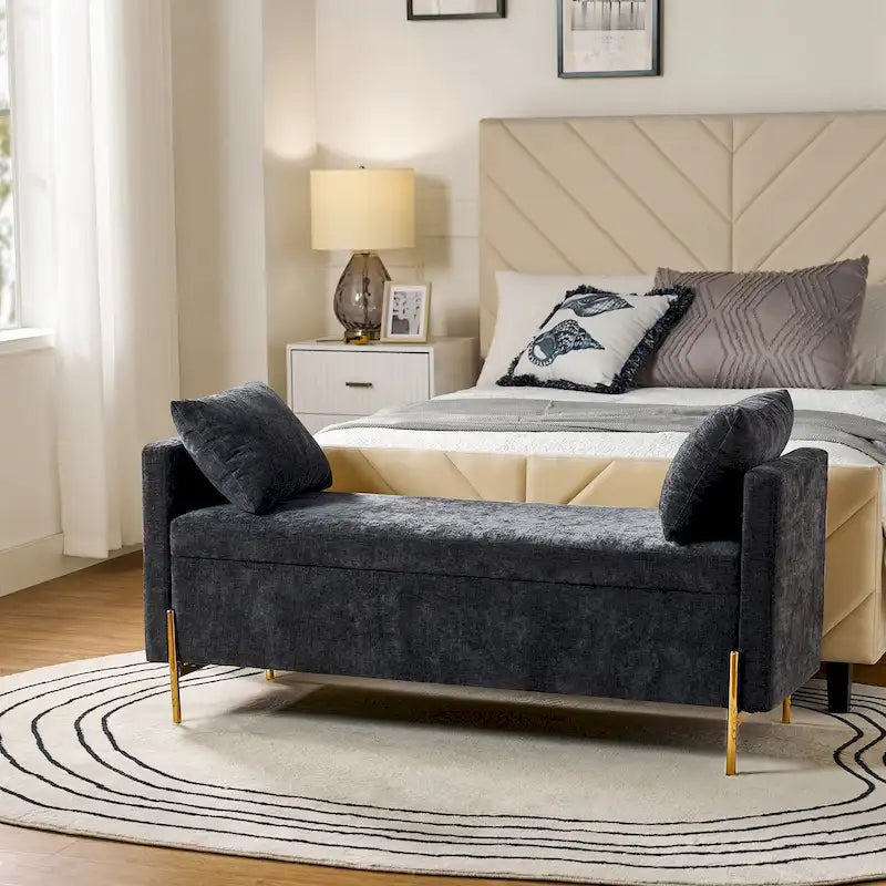 Banc de rangement capitonné rabattable en velours gris / moutarde / bleu marine / ivoire / noir avec accoudoirs et coussins, 1 personne