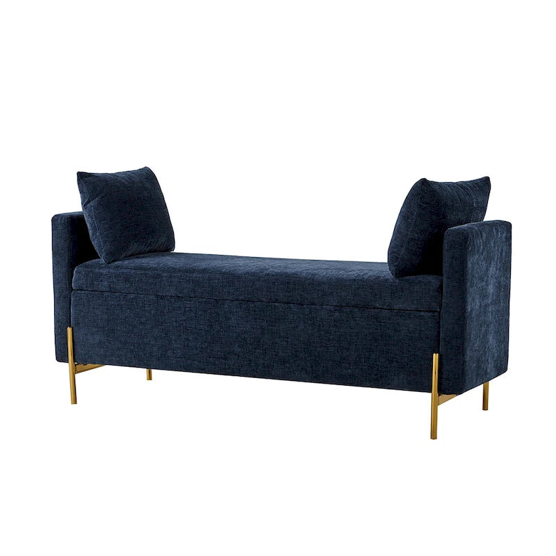Banc de rangement capitonné rabattable en velours gris / moutarde / bleu marine / ivoire / noir avec accoudoirs et coussins, 1 personne