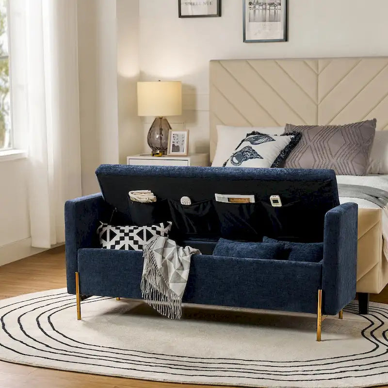 Banc de rangement capitonné rabattable en velours gris / moutarde / bleu marine / ivoire / noir avec accoudoirs et coussins, 1 personne
