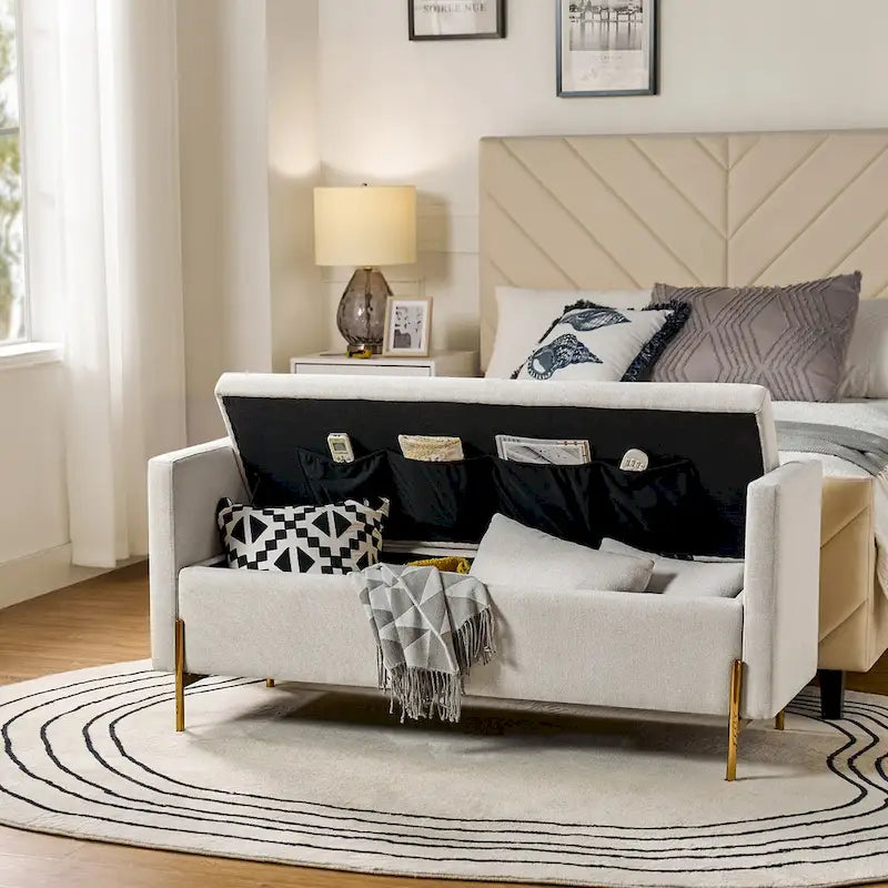 Banc de rangement capitonné rabattable en velours gris / moutarde / bleu marine / ivoire / noir avec accoudoirs et coussins, 1 personne