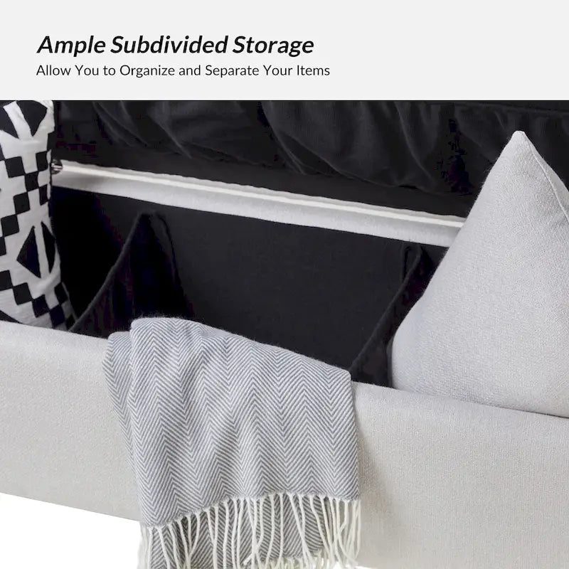 Banc de rangement capitonné rabattable en velours gris / moutarde / bleu marine / ivoire / noir avec accoudoirs et coussins, 1 personne