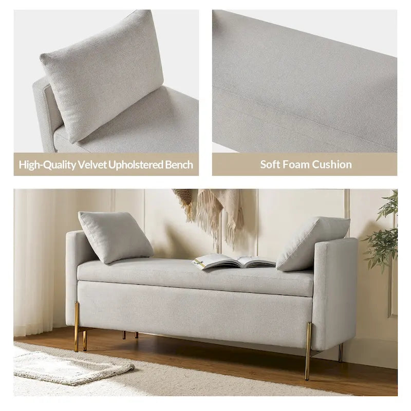 Banc de rangement capitonné rabattable en velours gris / moutarde / bleu marine / ivoire / noir avec accoudoirs et coussins, 1 personne