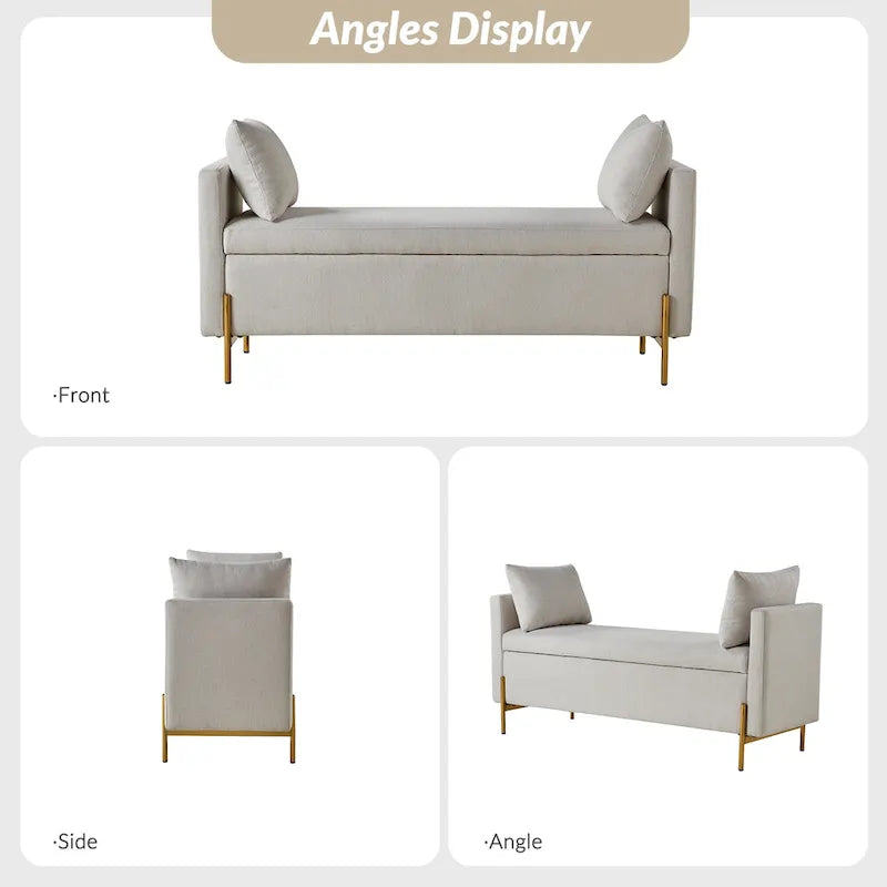 Banc de rangement capitonné rabattable en velours gris / moutarde / bleu marine / ivoire / noir avec accoudoirs et coussins, 1 personne