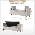 Banc de rangement capitonné rabattable en velours gris / moutarde / bleu marine / ivoire / noir avec accoudoirs et coussins, 1 personne