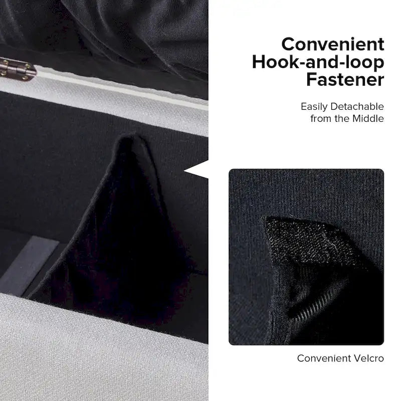 Banc de rangement capitonné rabattable en velours gris / moutarde / bleu marine / ivoire / noir avec accoudoirs et coussins, 1 personne