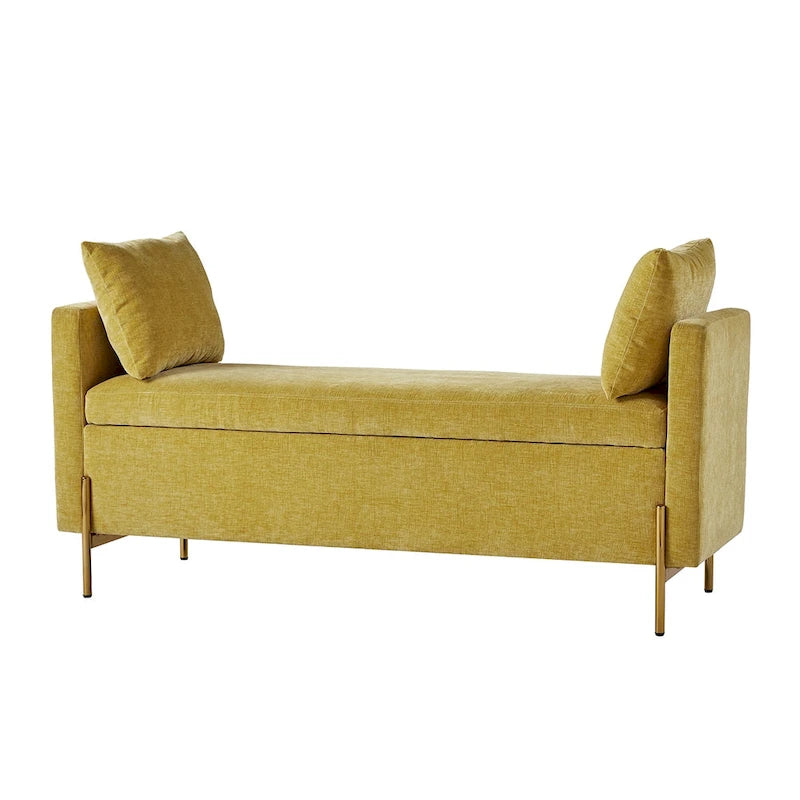 Banc de rangement capitonné rabattable en velours gris / moutarde / bleu marine / ivoire / noir avec accoudoirs et coussins, 1 personne