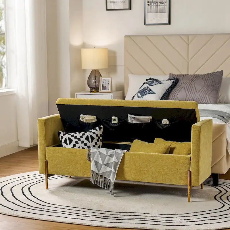 Banc de rangement capitonné rabattable en velours gris / moutarde / bleu marine / ivoire / noir avec accoudoirs et coussins, 1 personne