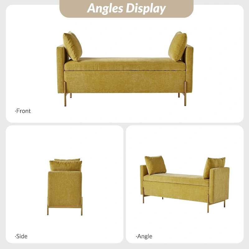 Banc de rangement capitonné rabattable en velours gris / moutarde / bleu marine / ivoire / noir avec accoudoirs et coussins, 1 personne