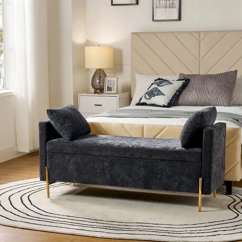 Banc de rangement capitonné rabattable en velours gris / moutarde / bleu marine / ivoire / noir avec accoudoirs et coussins, 1 personne