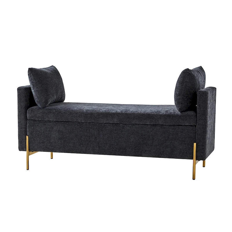 Banc de rangement capitonné rabattable en velours gris / moutarde / bleu marine / ivoire / noir avec accoudoirs et coussins, 1 personne
