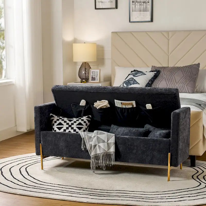 Banc de rangement capitonné rabattable en velours gris / moutarde / bleu marine / ivoire / noir avec accoudoirs et coussins, 1 personne